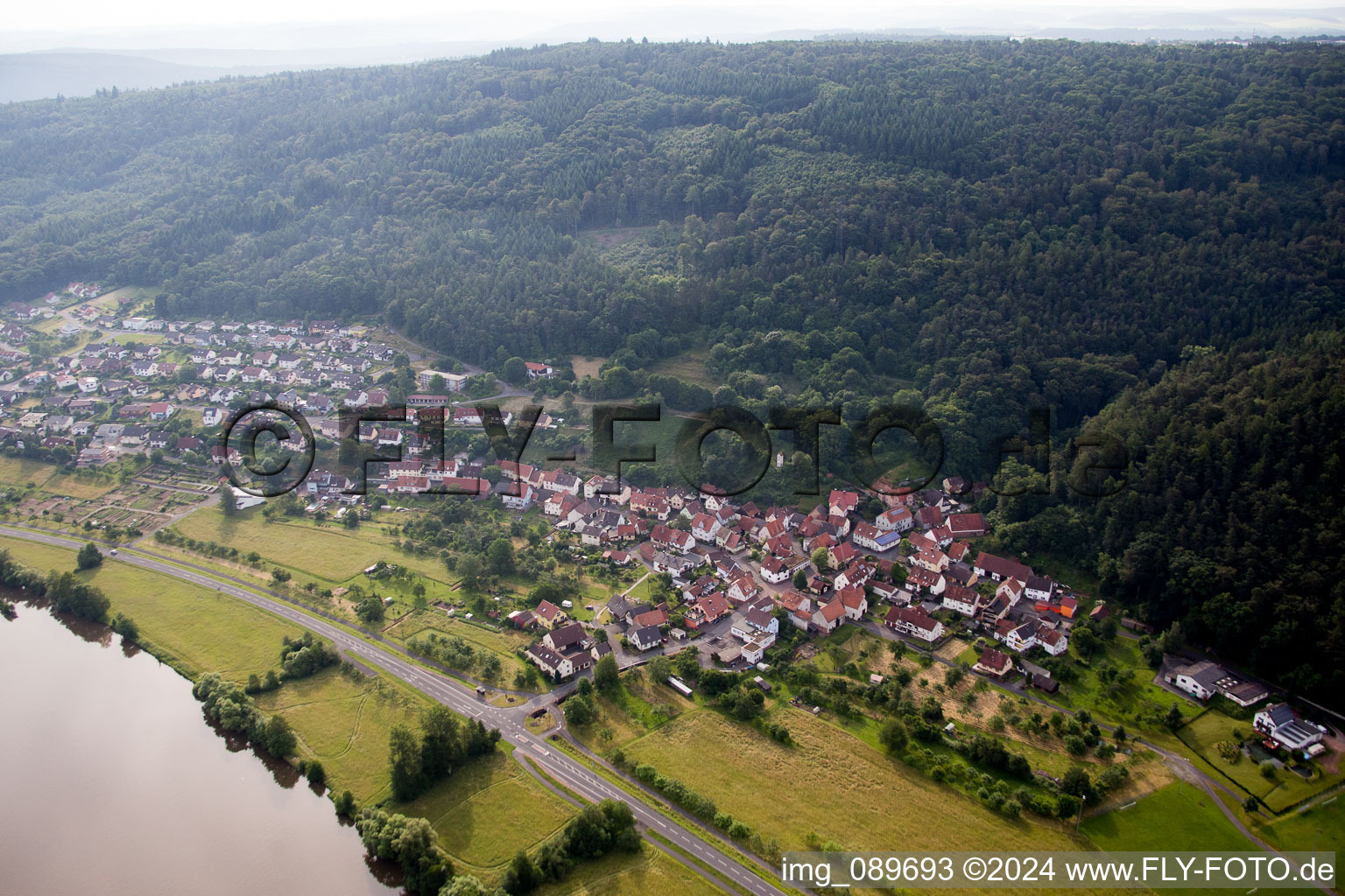 Village on the river bank areas of the Main river in the district Gruenenwoert in Wertheim in the state Baden-Wurttemberg, Germany