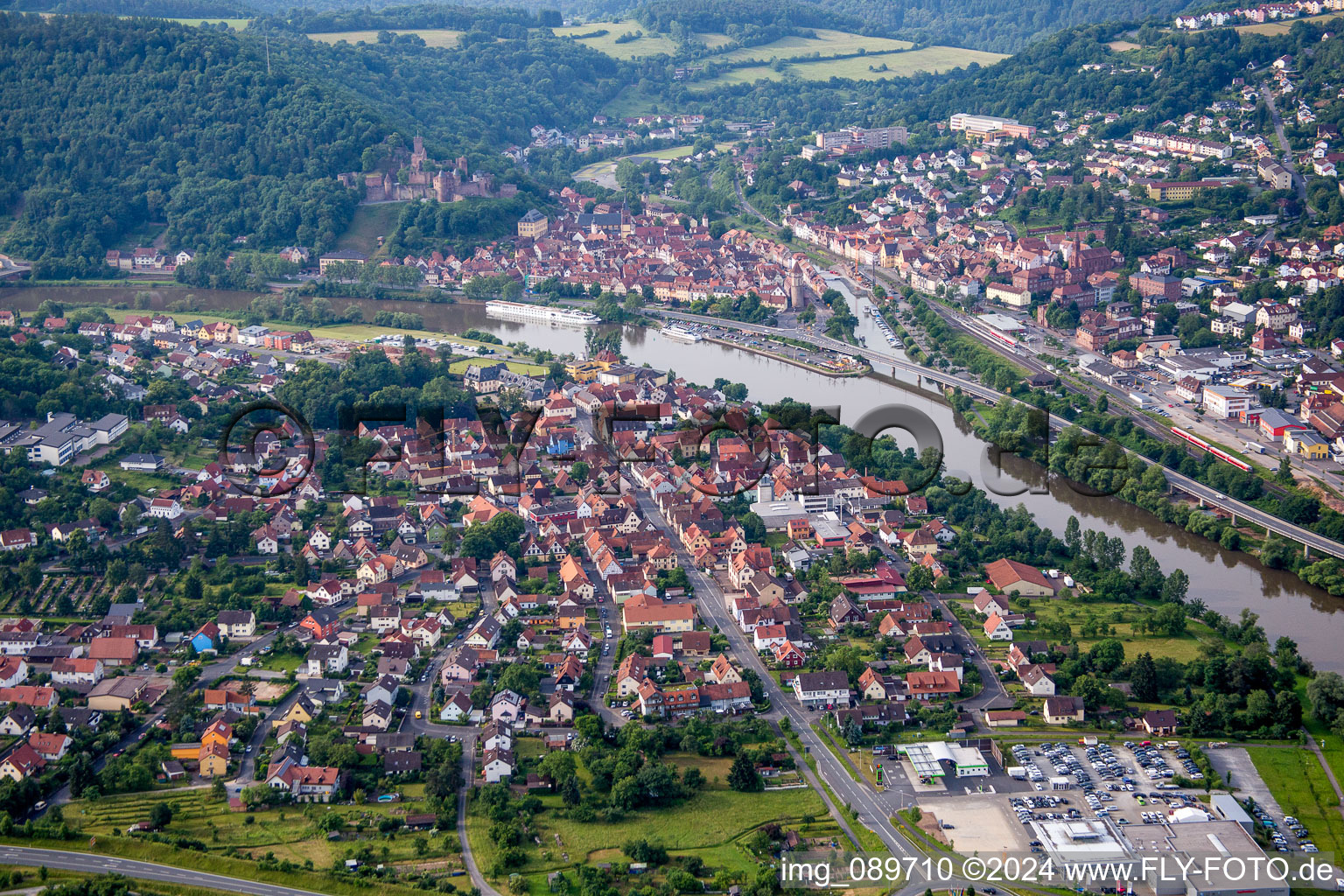 Town on the banks of the river of the Main river in Kreuzwertheim in the state Bavaria, Germany