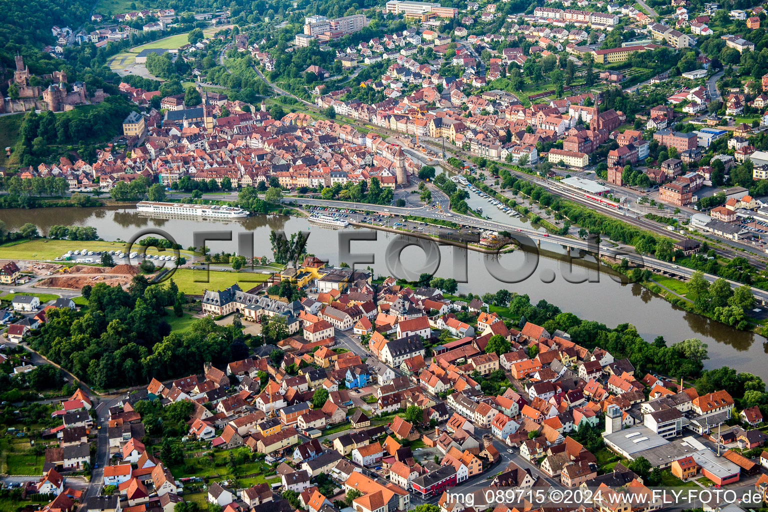 Aerial view of Riparian areas along the river mouth of Tauber into Main in Wertheim in the state Baden-Wurttemberg, Germany