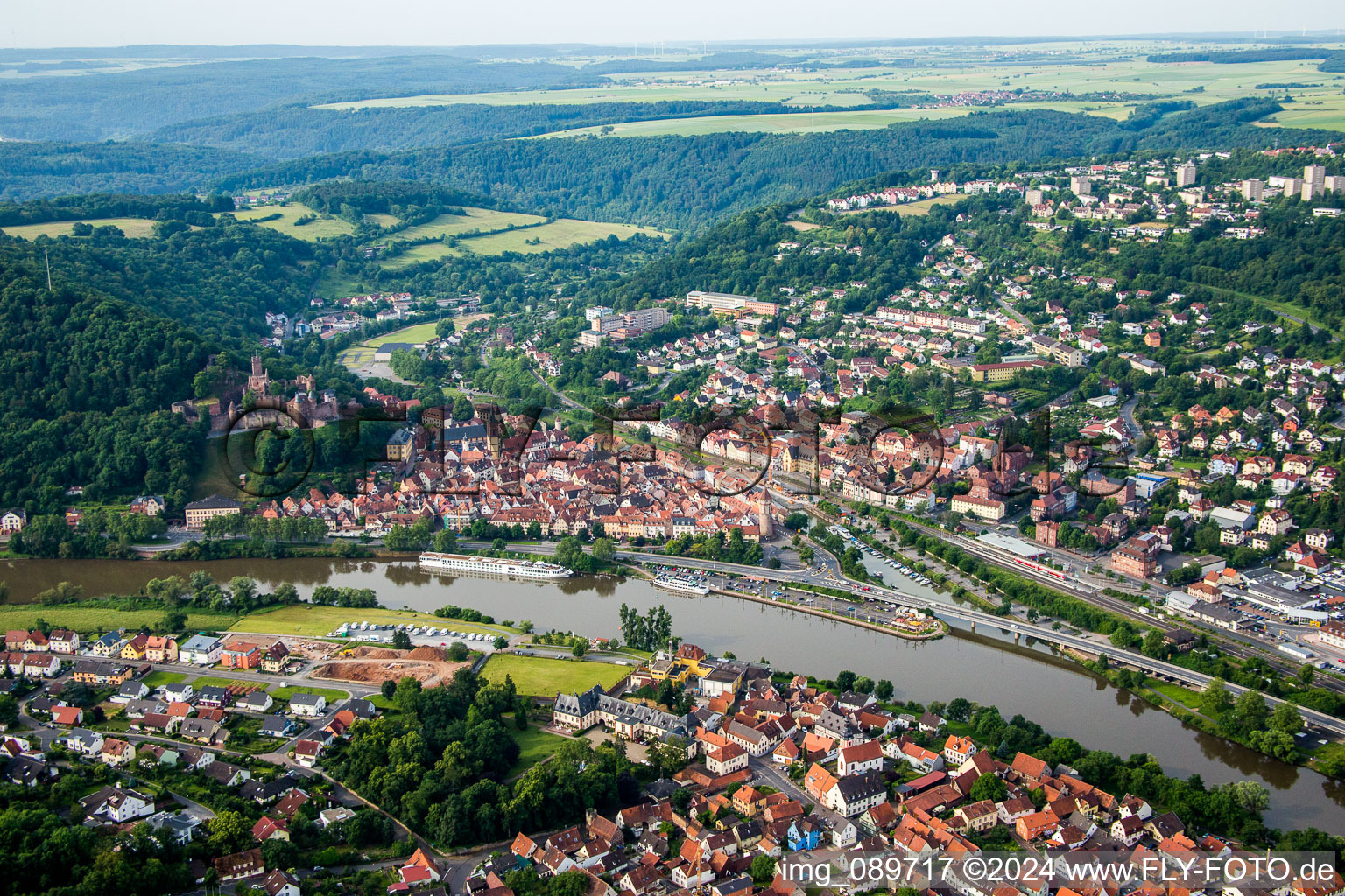 Aerial photograpy of Riparian areas along the river mouth of Tauber into Main in Wertheim in the state Baden-Wurttemberg, Germany