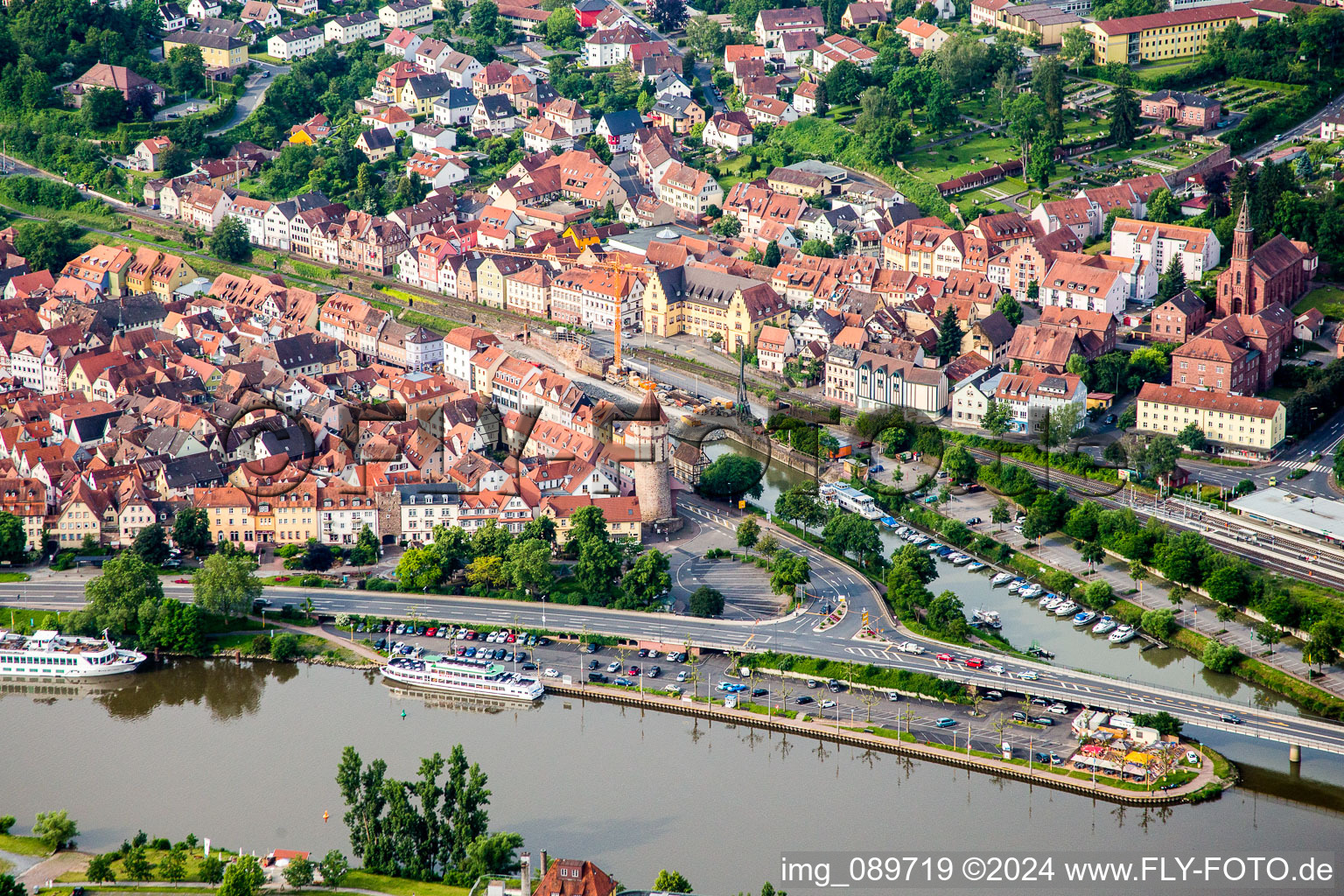 Oblique view of Riparian areas along the river mouth of Tauber into Main in Wertheim in the state Baden-Wurttemberg, Germany