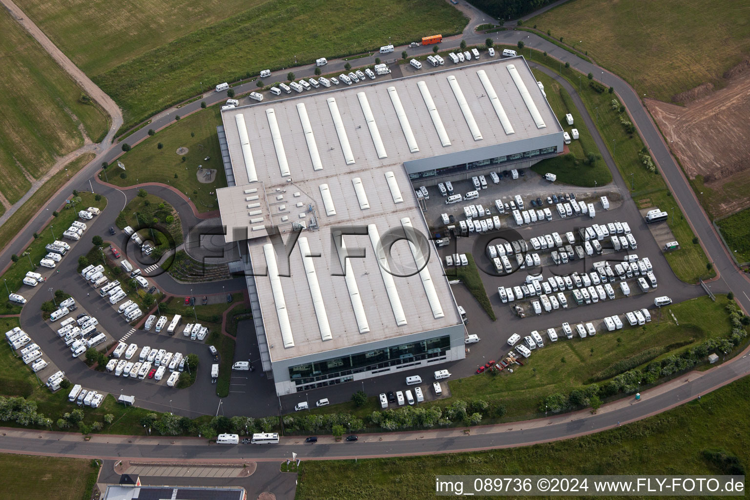 Aerial view of Hymer motorhomes in the district Bettingen in Wertheim in the state Baden-Wuerttemberg, Germany