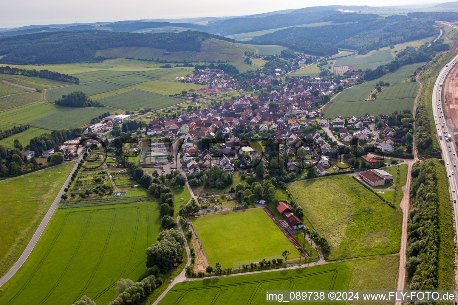 Aerial view of Sports field in the district Dertingen in Wertheim in the state Baden-Wuerttemberg, Germany