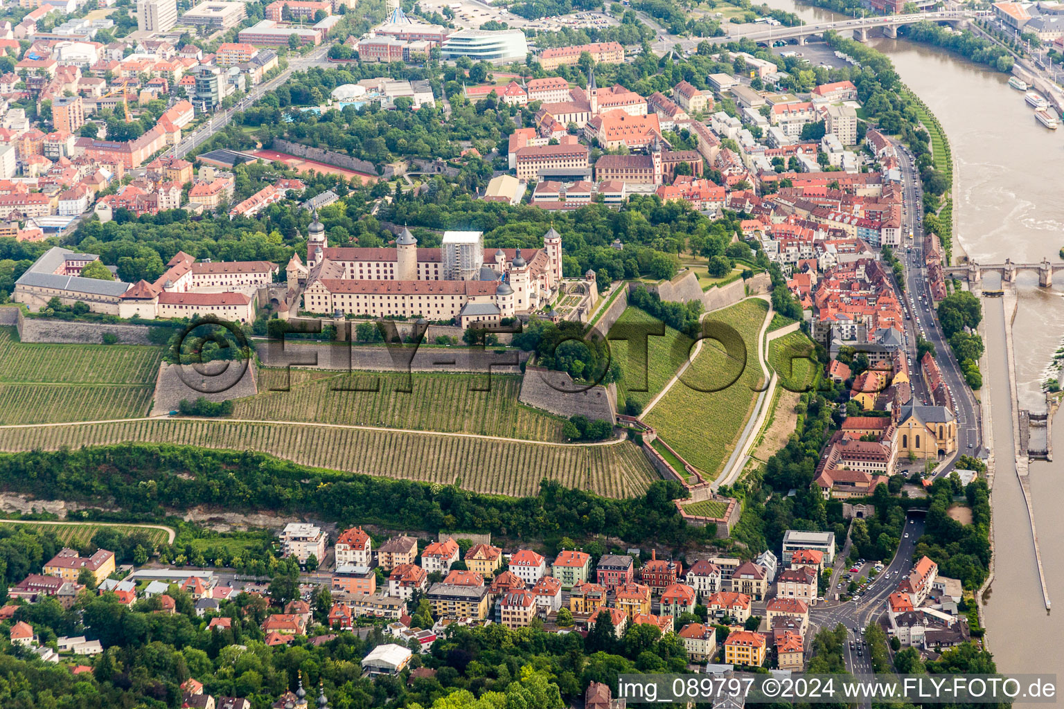 Aerial view of Fortress Festung Marienberg above the Main river in Wuerzburg in the state Bavaria, Germany