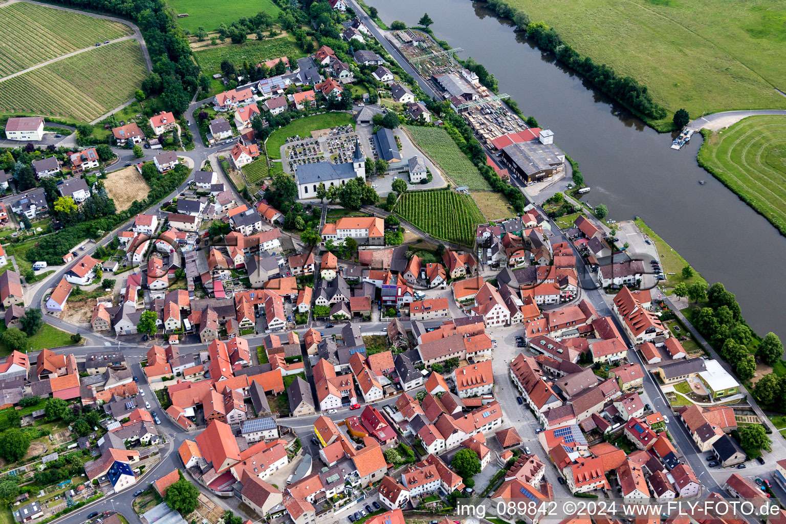 Village on the river bank areas of the Main river in Wipfeld in the state Bavaria, Germany from above