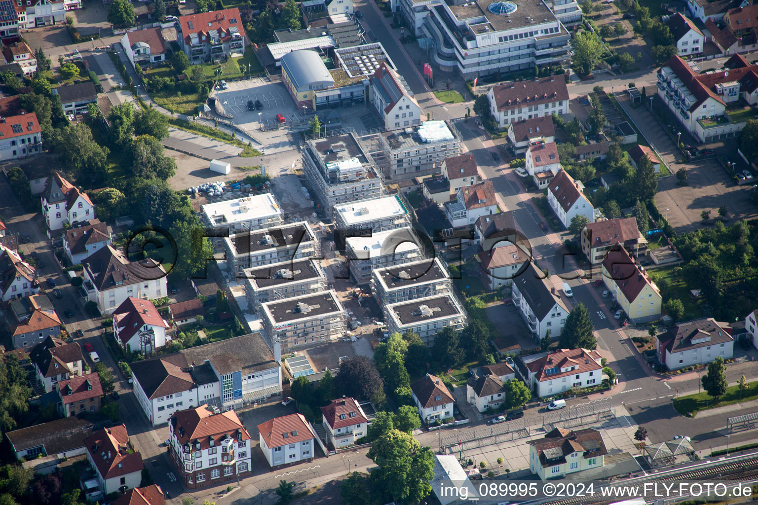 Construction site for City Quarters Building 'Im Stadtkern' in Kandel in the state Rhineland-Palatinate, Germany from the plane