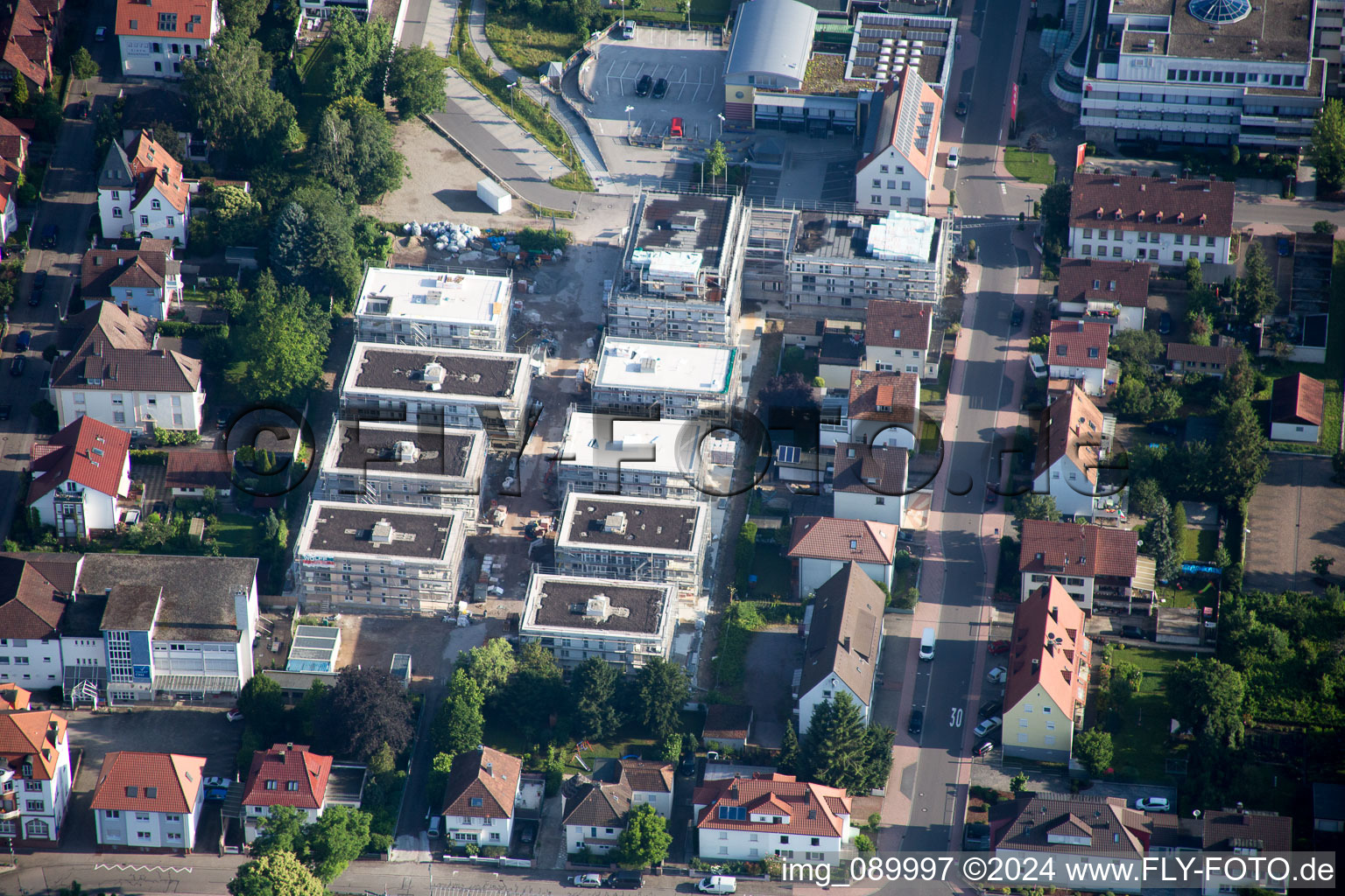 In the city center" New building of RiBa GmbH between Bismarck- and Gartenstr in Kandel in the state Rhineland-Palatinate, Germany seen from a drone