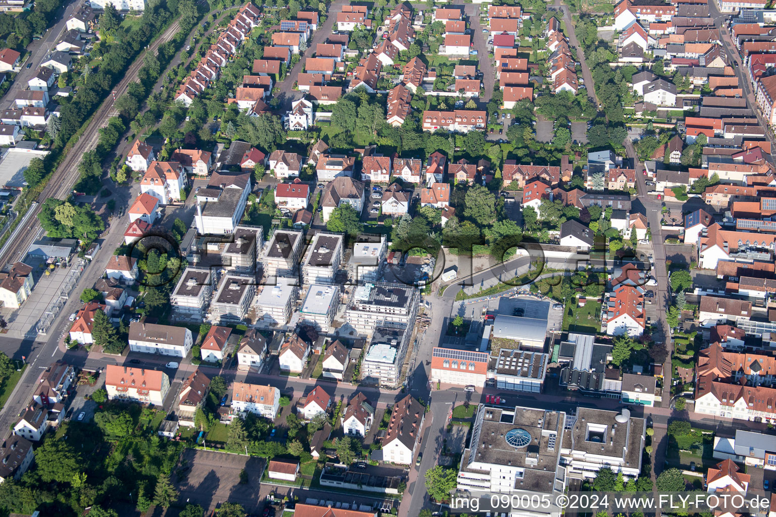 In the city center" New building of RiBa GmbH between Bismarck- and Gartenstr in Kandel in the state Rhineland-Palatinate, Germany seen from above