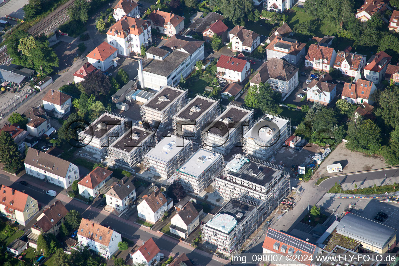 Bird's eye view of In the city center" New building of RiBa GmbH between Bismarck- and Gartenstr in Kandel in the state Rhineland-Palatinate, Germany