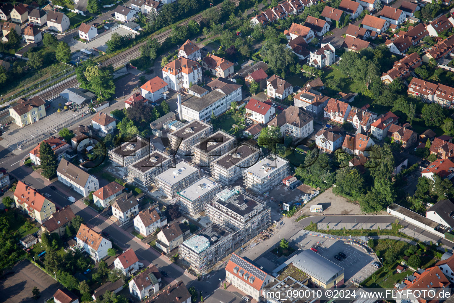 In the city center" New building of RiBa GmbH between Bismarck- and Gartenstr in Kandel in the state Rhineland-Palatinate, Germany viewn from the air