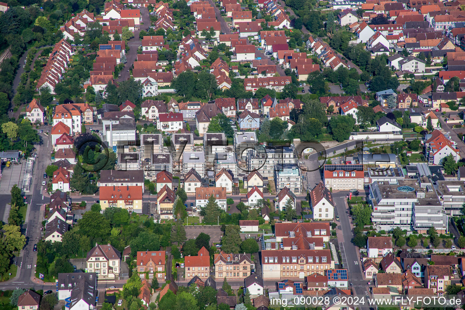 Construction site for City Quarters Building 'Im Stadtkern' in Kandel in the state Rhineland-Palatinate, Germany viewn from the air