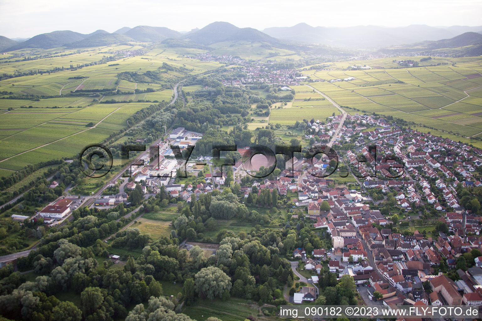 District Godramstein in Landau in der Pfalz in the state Rhineland-Palatinate, Germany seen from above