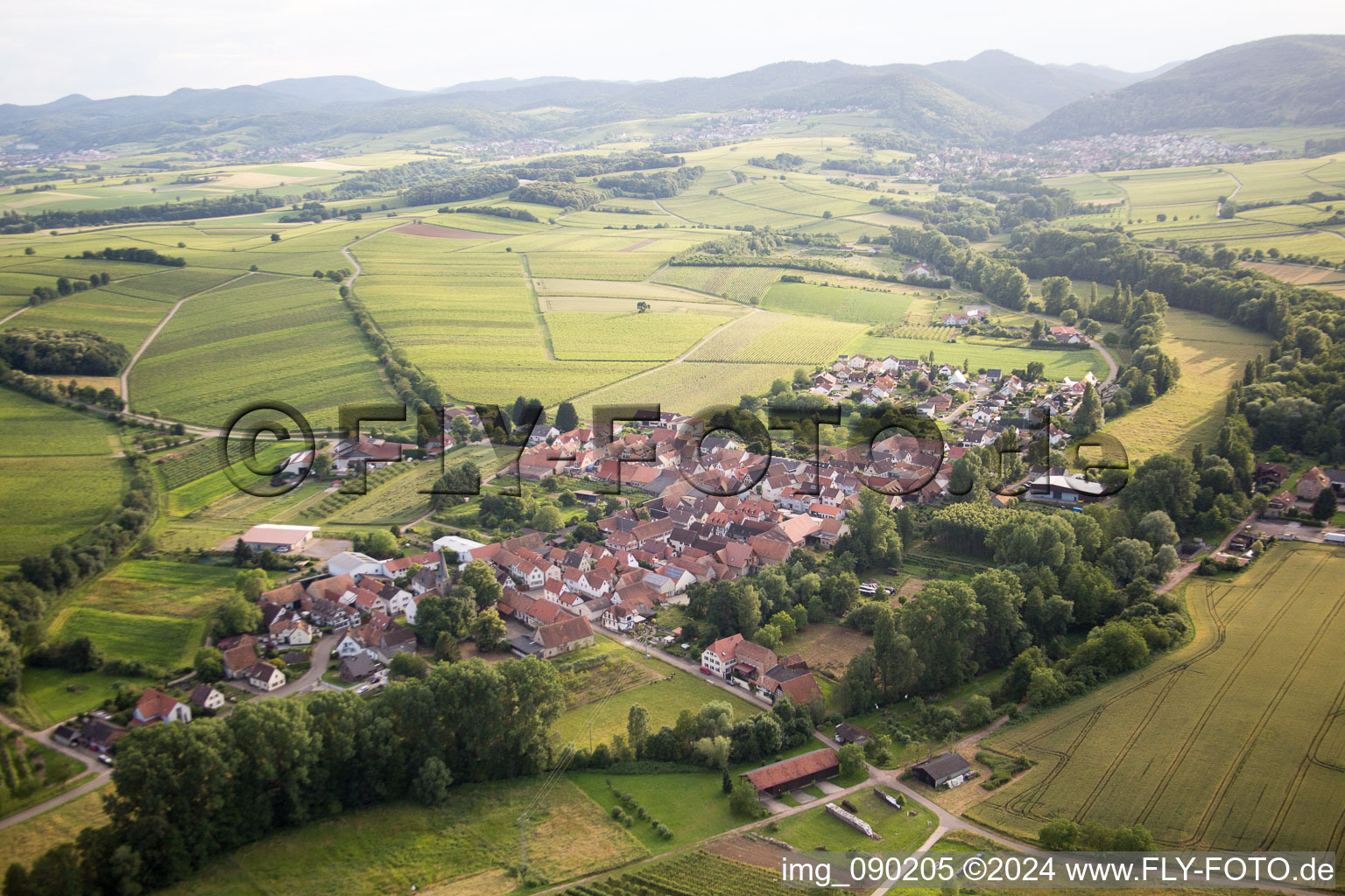 Aerial view of Klingbachtal in the district Klingen in Heuchelheim-Klingen in the state Rhineland-Palatinate, Germany