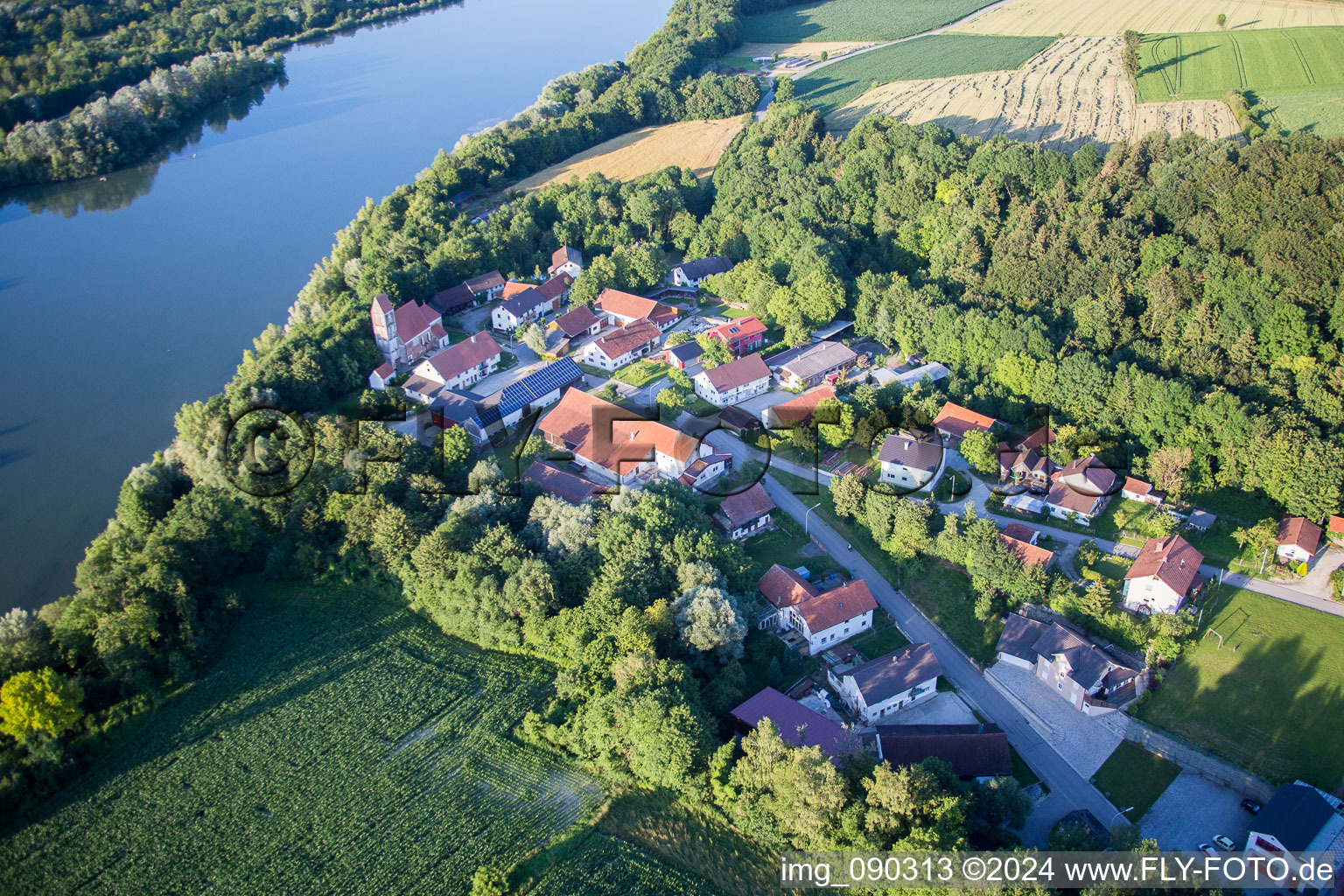 Village on the river bank areas of the river Isar in Usterling in the state Bavaria, Germany