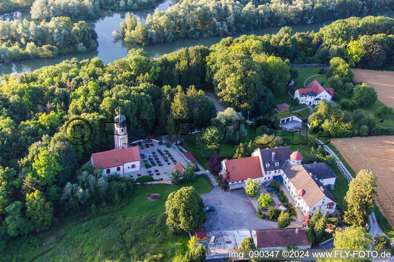 Aerial view of Cemetery in Bauerngasse in the district Oberframmering in Landau an der Isar in the state Bavaria, Germany