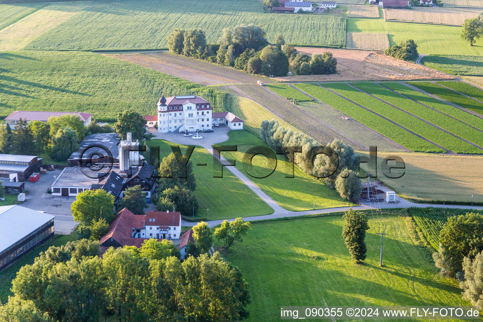 Aerial view of Buildings and parks at the mansion of the farmhouse Plankenschwaige in Landau an der Isar in the state Bavaria, Germany