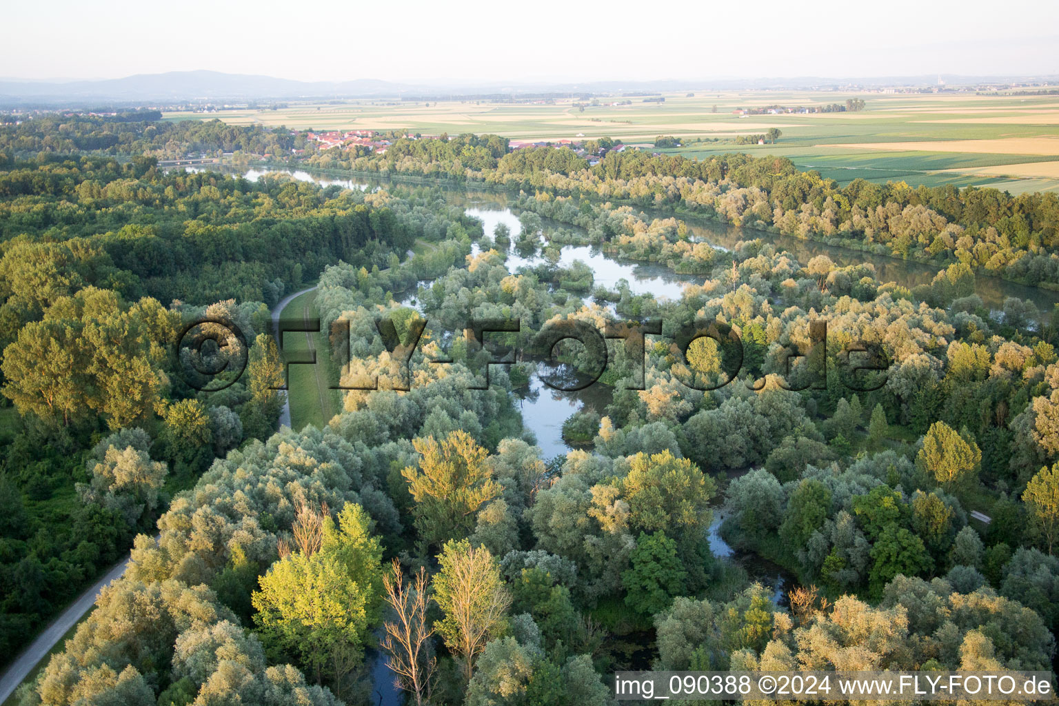 Aerial view of Isar meadows in Oberpöring in the state Bavaria, Germany