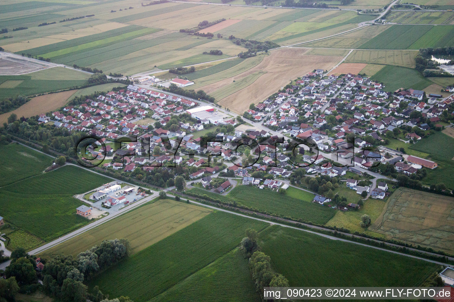 Aerial view of Gottfriedingerschwaige in the state Bavaria, Germany