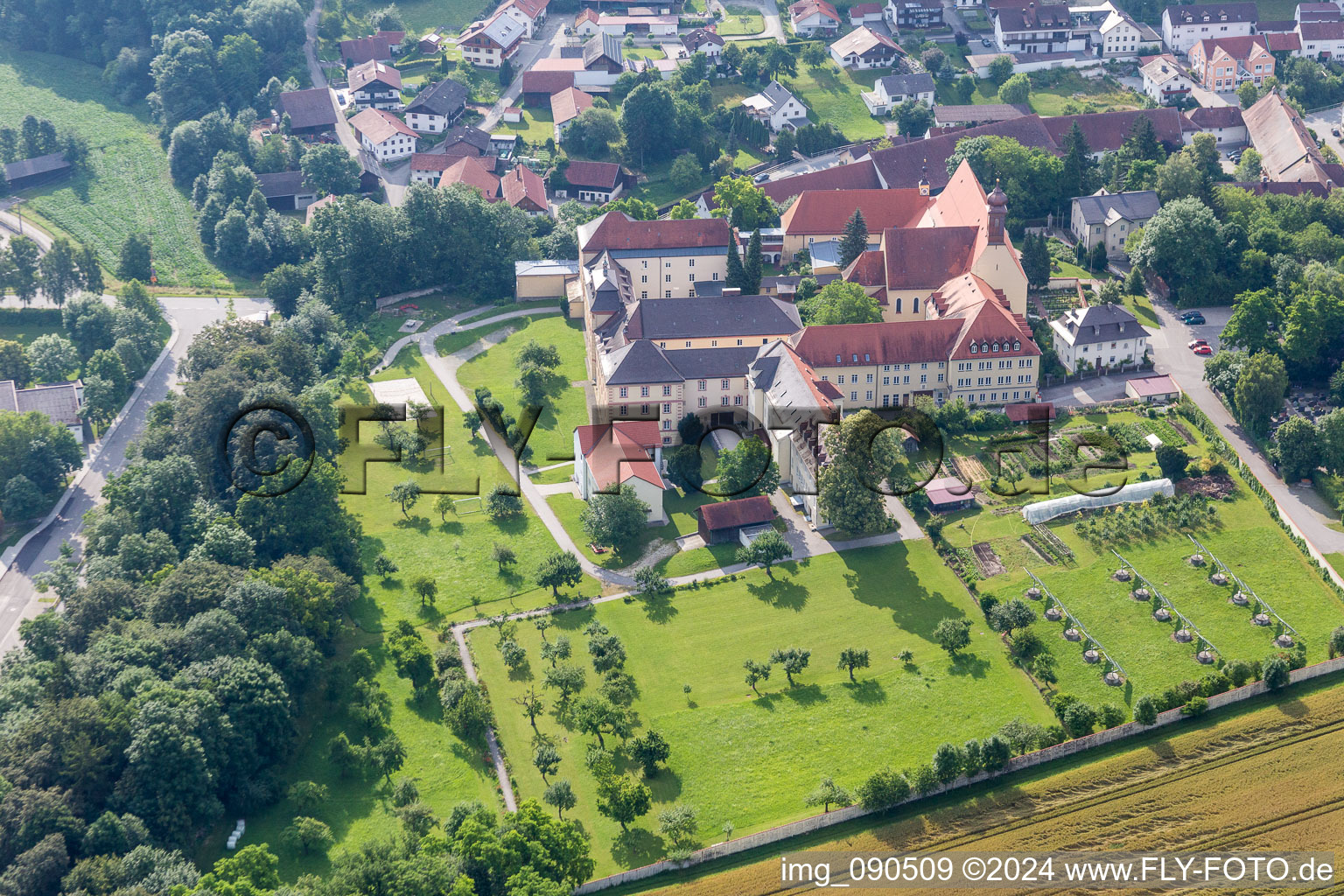 Aerial view of Building complex of the former monastery and today Realschule St. Maria in Niederviehbach in the state Bavaria, Germany