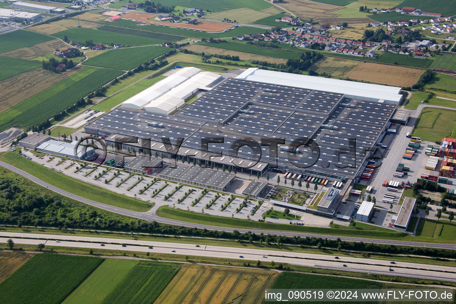 Oblique view of Building and production halls on the premises of BMW facility in Dingolfing in the state Bavaria