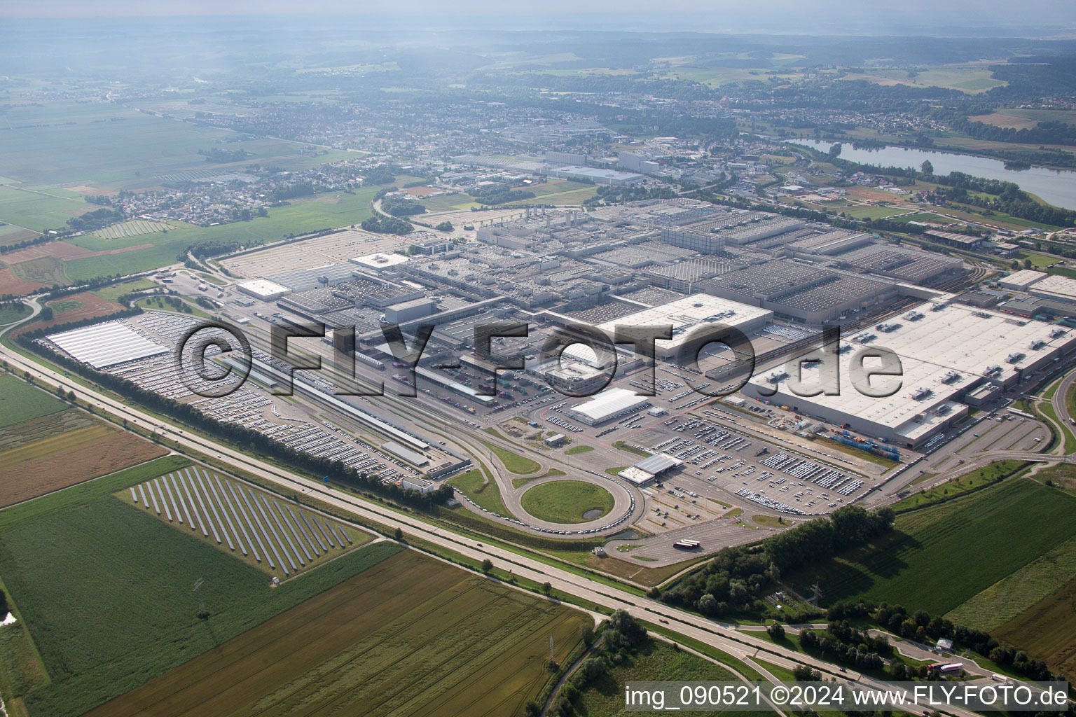 Aerial view of Höfen industrial area, BMW plant in Dingolfing in the state Bavaria, Germany