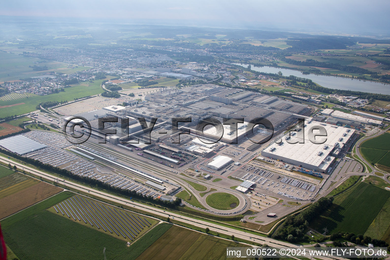 Building and production halls on the premises of BMW facility in Dingolfing in the state Bavaria from above