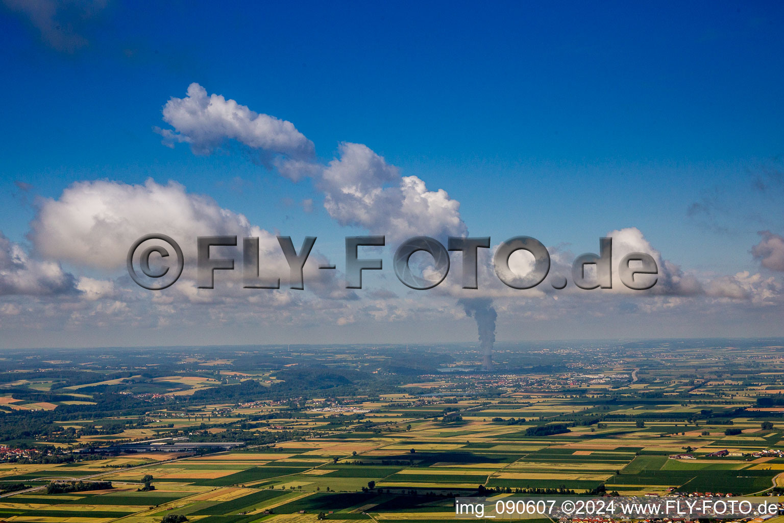 Steam column of nuclear power plant Isar in Essenbach in the state Bavaria, Germany