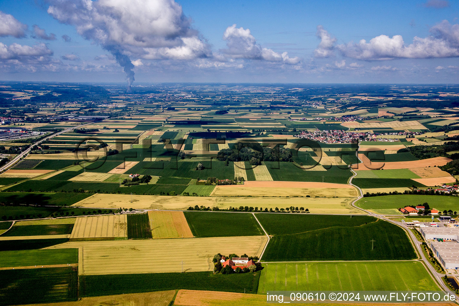 Aerial view of Steam column of nuclear power plant Isar in Essenbach in the state Bavaria, Germany