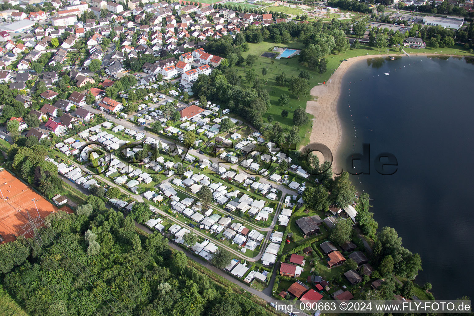 Sandy beach areas on the Campingplatz Wiesensee in Hemsbach in the state Baden-Wurttemberg, Germany