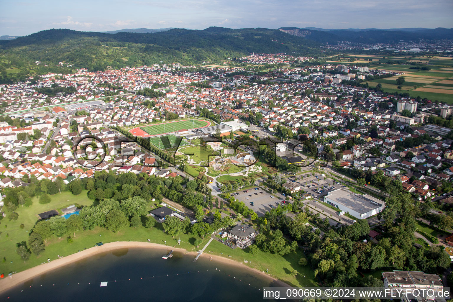Aerial view of Sandy beach areas on the Campingplatz Wiesensee in Hemsbach in the state Baden-Wurttemberg, Germany