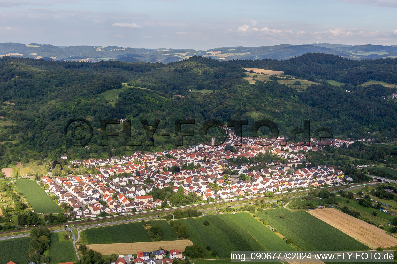 Village - view on the edge of agricultural fields and farmland in Sulzbach in the state Baden-Wurttemberg, Germany