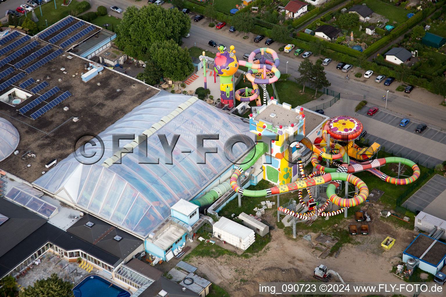 Aerial view of Giant water slide at Miramar in the district Lützelsachsen in Weinheim in the state Baden-Wuerttemberg, Germany