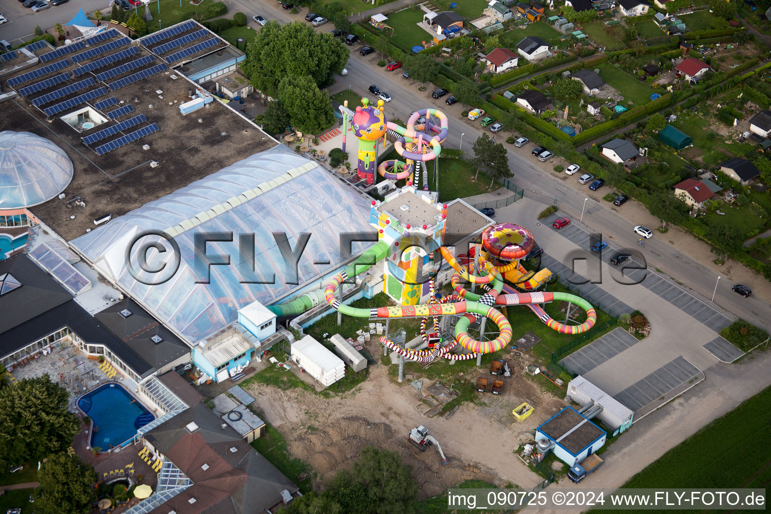 Aerial photograpy of Giant water slide at Miramar in the district Lützelsachsen in Weinheim in the state Baden-Wuerttemberg, Germany