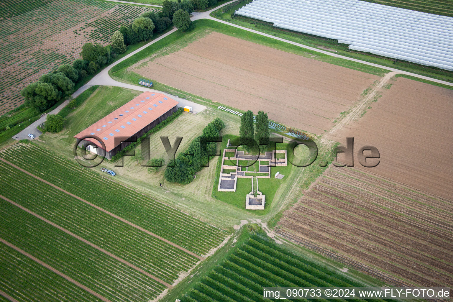 Aerial view of Remains of the ruins of the the former Roman Farm Villa Rustica in Hirschberg an der Bergstrasse in the state Baden-Wurttemberg, Germany