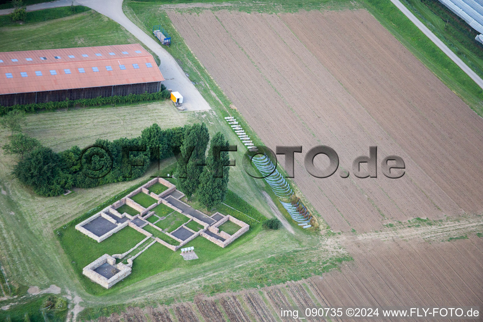 Aerial view of Roman estate Villa Rustika in the district Großsachsen in Hirschberg an der Bergstraße in the state Baden-Wuerttemberg, Germany