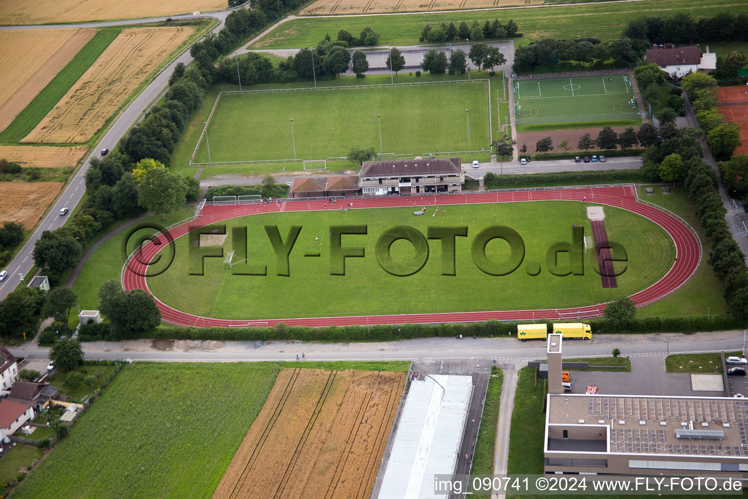 Aerial view of Sports fields of FV 1922 Leutershausen eV in the district Leutershausen in Hirschberg an der Bergstraße in the state Baden-Wuerttemberg, Germany