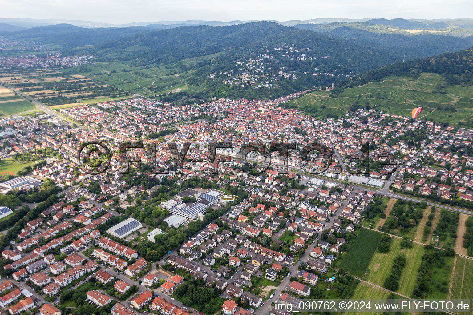 Aerial view of Town View of the streets and houses of the residential areas in Schriesheim in the state Baden-Wurttemberg, Germany
