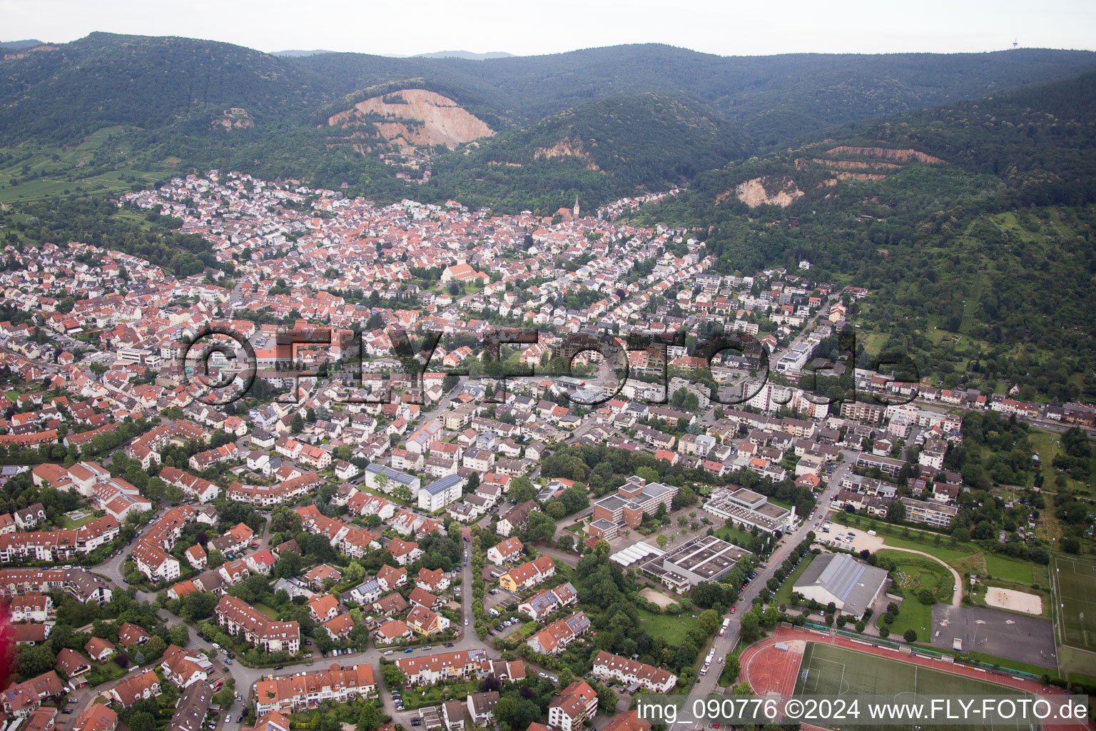 Aerial view of Town View of the streets and houses of the residential areas in Dossenheim in the state Baden-Wurttemberg