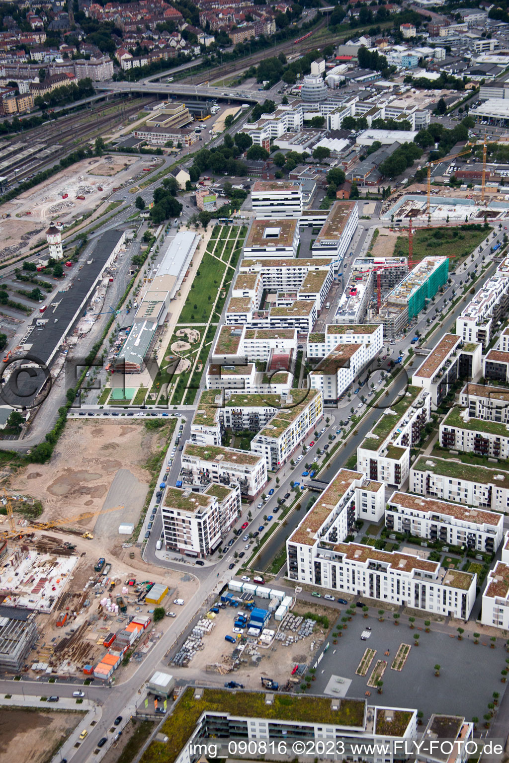 Oblique view of District Bahnstadt in Heidelberg in the state Baden-Wuerttemberg, Germany