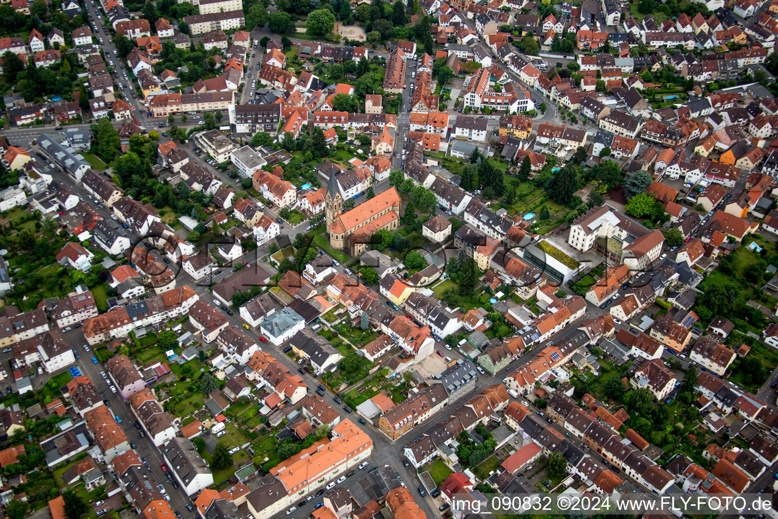 Aerial view of Church building Katholischen Kirche St. Peter in the district Kirchheim in Heidelberg in the state Baden-Wurttemberg, Germany