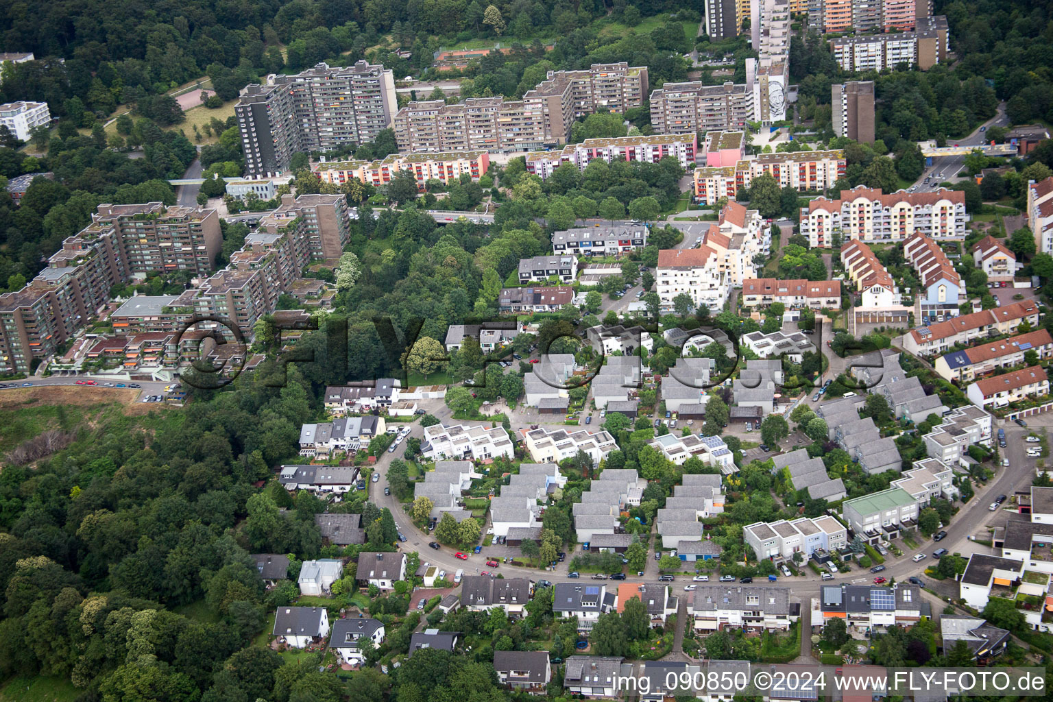 Oblique view of District Emmertsgrund in Heidelberg in the state Baden-Wuerttemberg, Germany