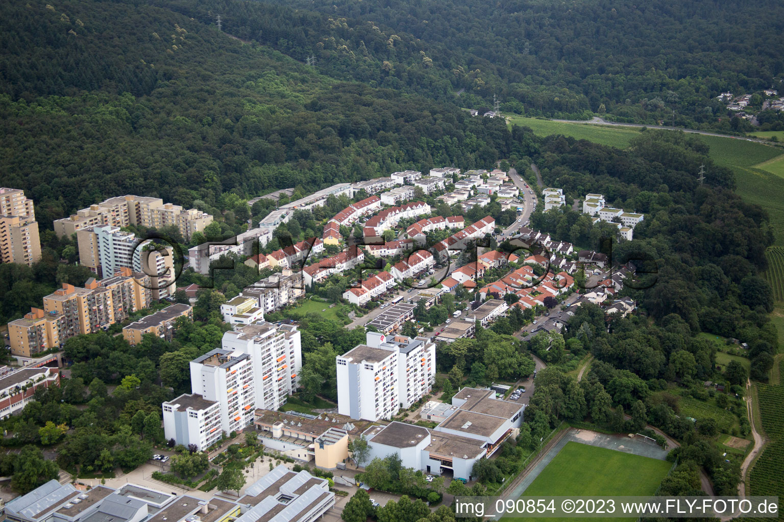 Oblique view of HD-Emmertsgrund in the district Emmertsgrund in Heidelberg in the state Baden-Wuerttemberg, Germany