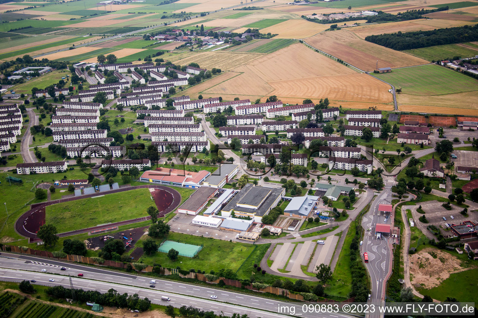Aerial view of Refugee - buildings Erstaufnahmeeinrichtung of Lanof Baden-Wuerttemberg in the district Patrick-Henry-Village in Heidelberg in the state Baden-Wurttemberg, Germany