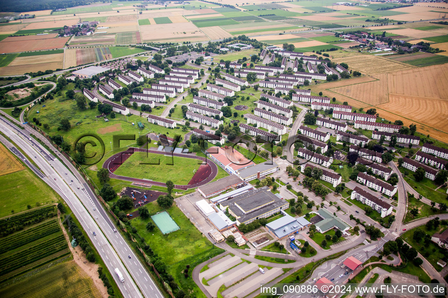 Oblique view of Refugee - buildings Erstaufnahmeeinrichtung of Lanof Baden-Wuerttemberg in the district Patrick-Henry-Village in Heidelberg in the state Baden-Wurttemberg, Germany