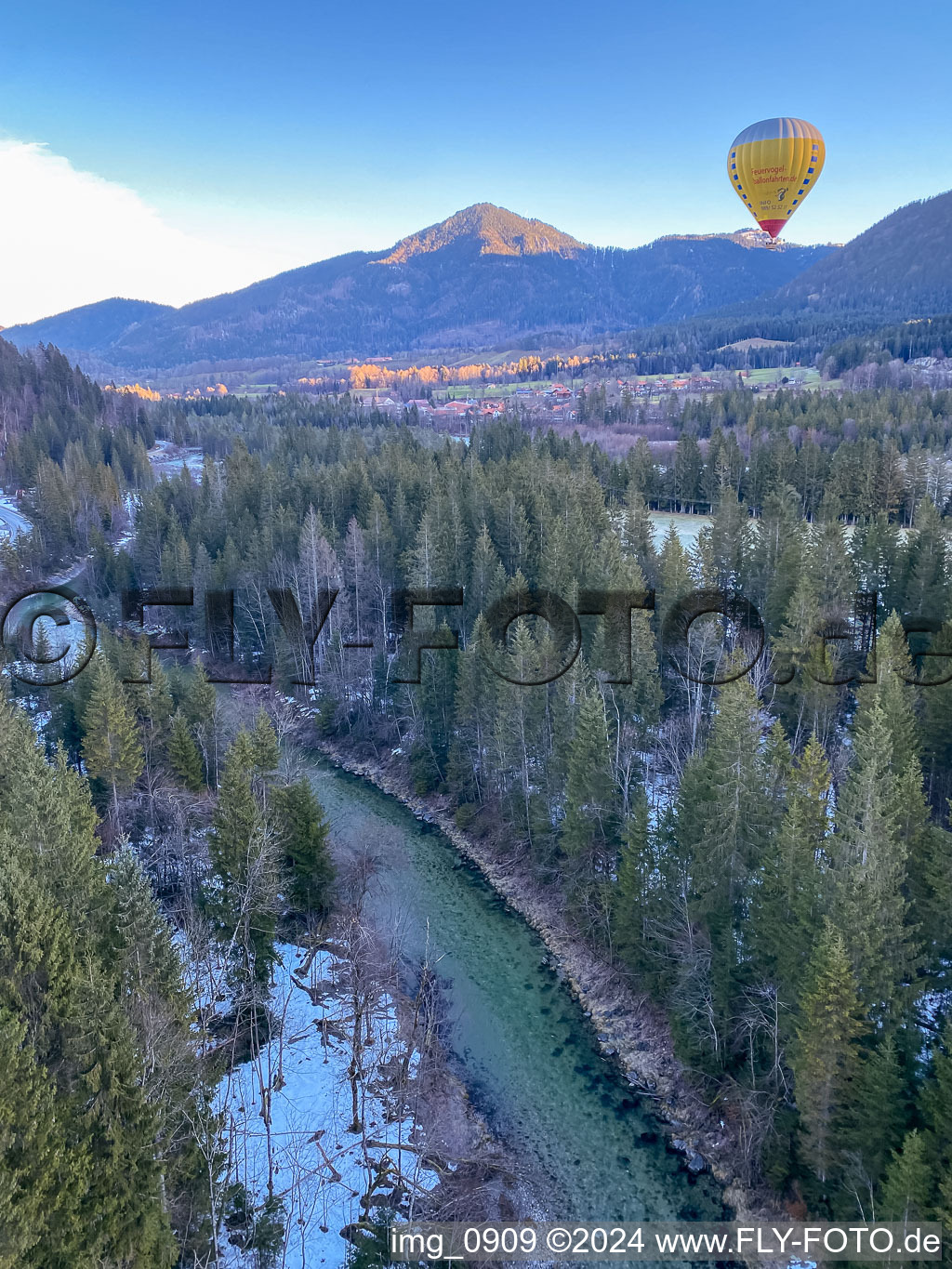 Balloon over the river Jachen in the district Winkel in Lenggries in the state Bavaria, Germany