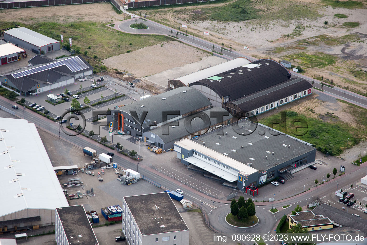 Aerial view of ALDI,Görtz,DM in Brühl in the state Baden-Wuerttemberg, Germany