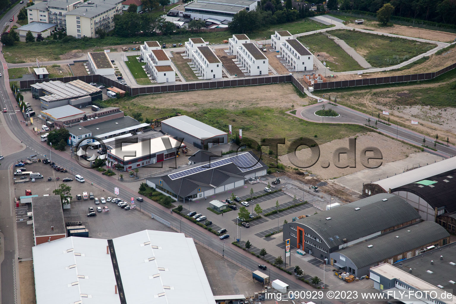 Aerial photograpy of ALDI,Görtz,DM in Brühl in the state Baden-Wuerttemberg, Germany