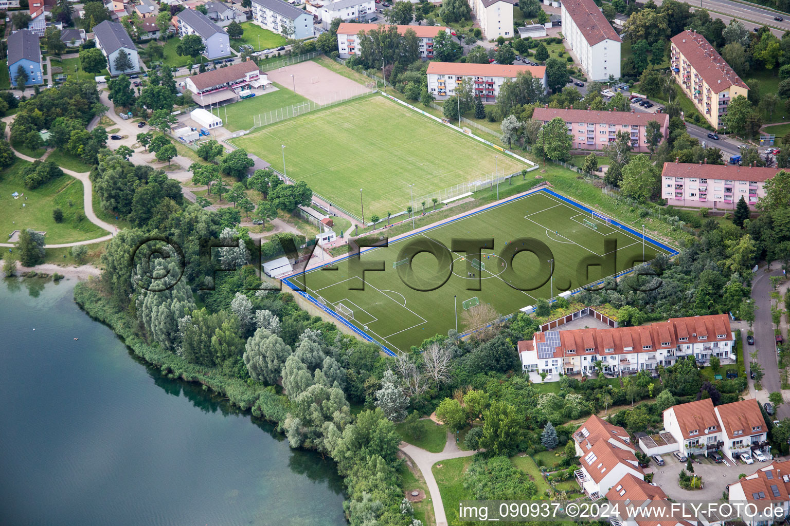 Sports grounds and football pitch von SV Rot-Weiss on Rheinauer See in the district Rheinau in Mannheim in the state Baden-Wurttemberg, Germany