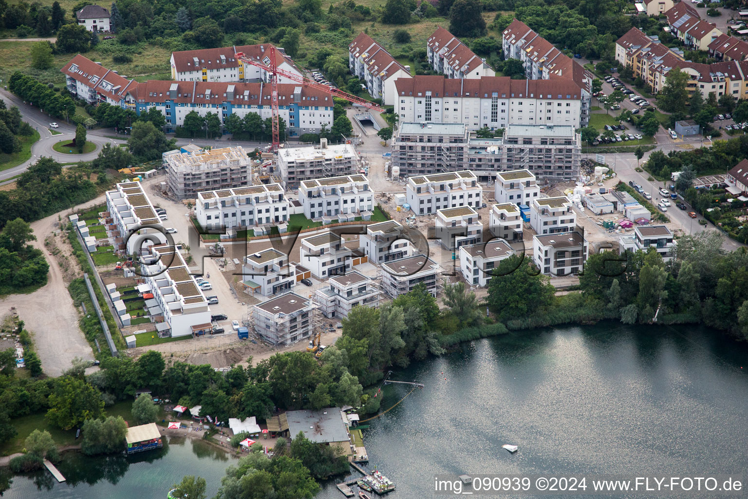 Village on the banks of the area Rheinauer See in the district Rheinau in Mannheim in the state Baden-Wurttemberg, Germany