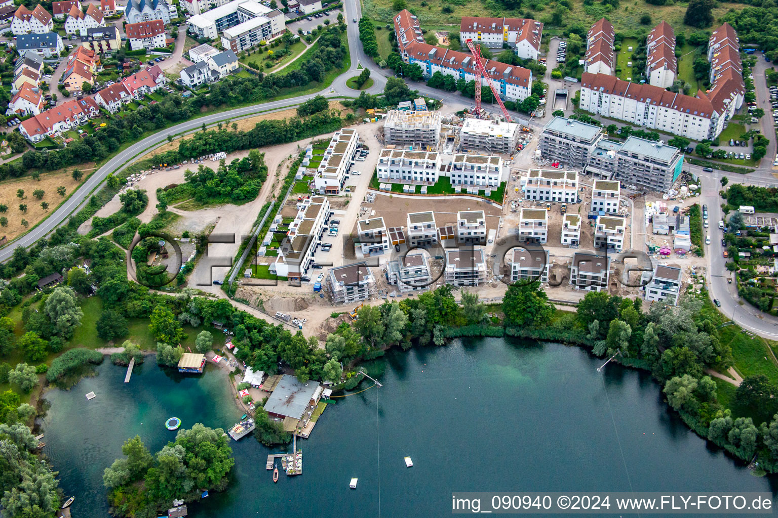 Aerial view of New development area Alterseestraße on the Rheinauer See in the district Rheinau in Mannheim in the state Baden-Wuerttemberg, Germany